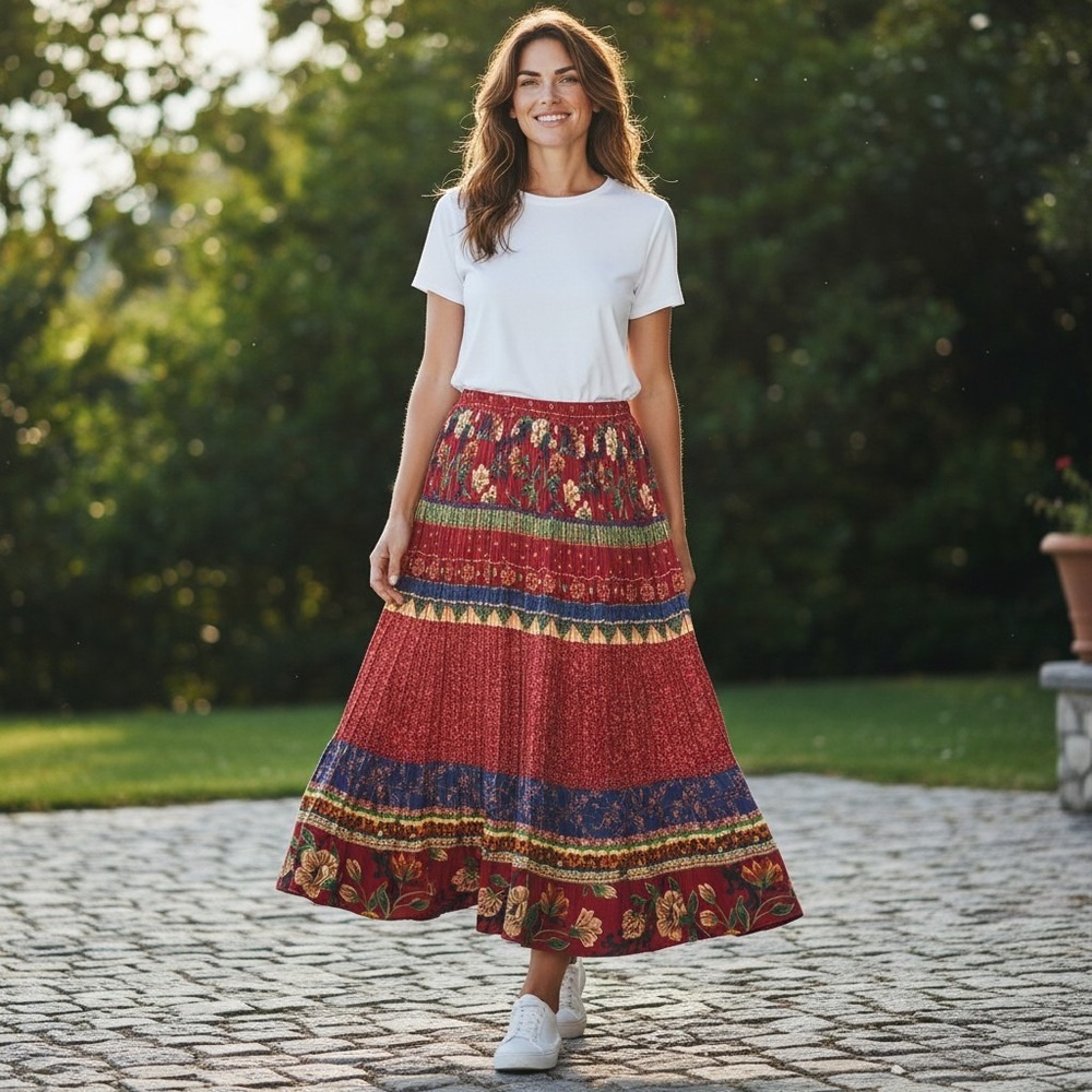 Stonebridge Floral Tiered Maxi Skirt XL Red Boho Crinkle Broomstick Mixed Print